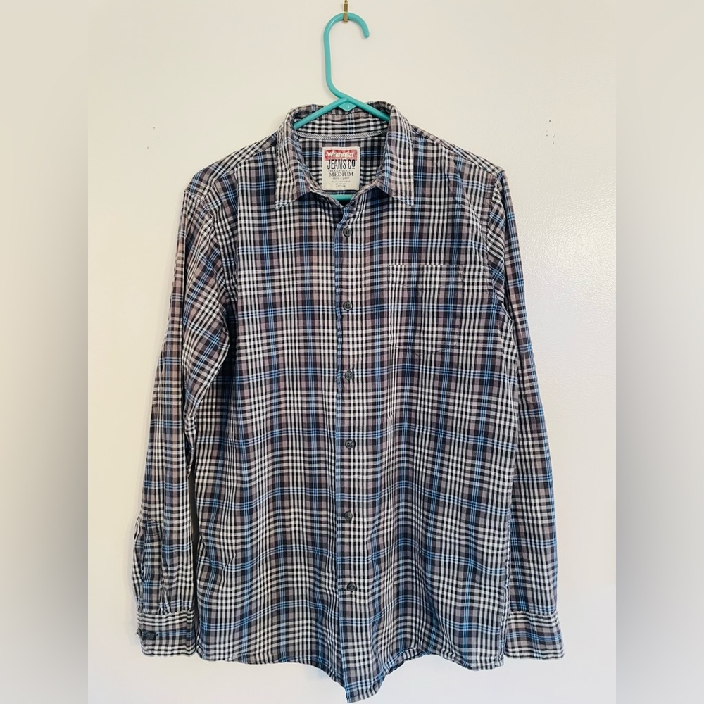 Wrangler Jeans Co Plaid Button Down Shirt Men’s Medium 100% Cotton, Blue/Brown - Picture 2 of 11